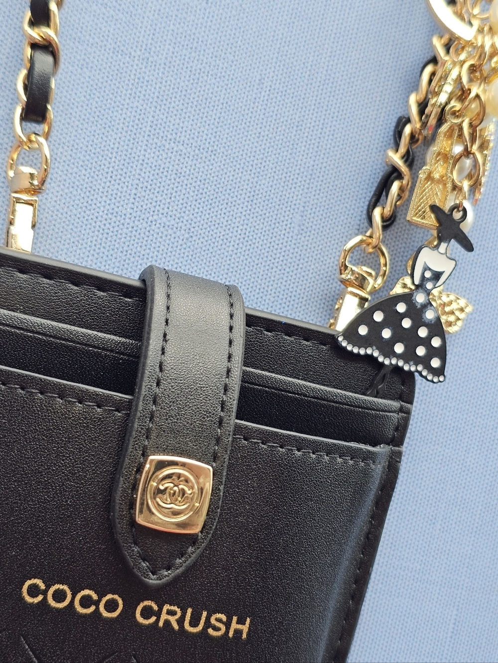 Chanel Coco Crush GWP Black Quilted Phone Holder Crossbody Chain + Charms